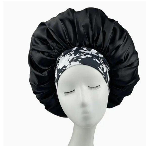 Women Satiny Bonnets for Sleeping Black White Floral Band - Picture 1 of 1